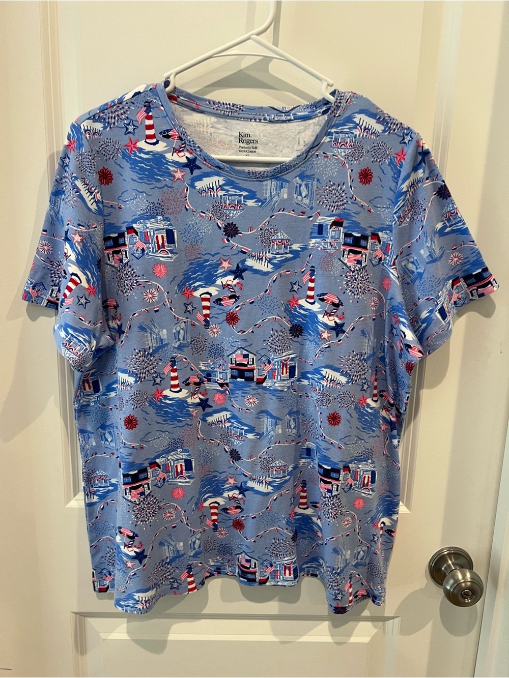 Kim Rogers Blue Seaside Patriotic Top Size XL